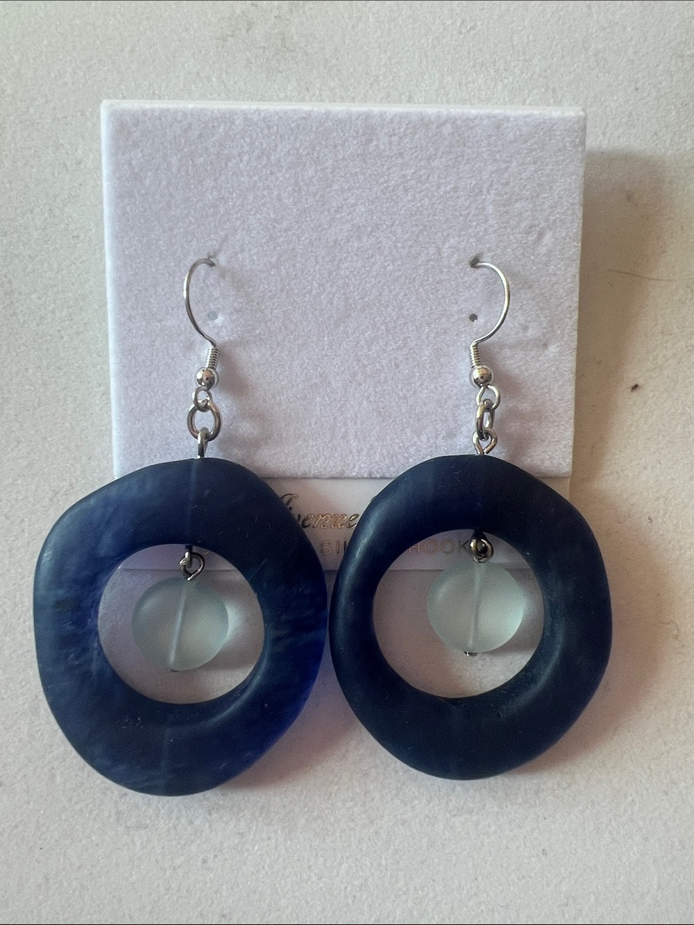 Navy Blue Hoop Drop Earrings with Frosted Light Blue Accent